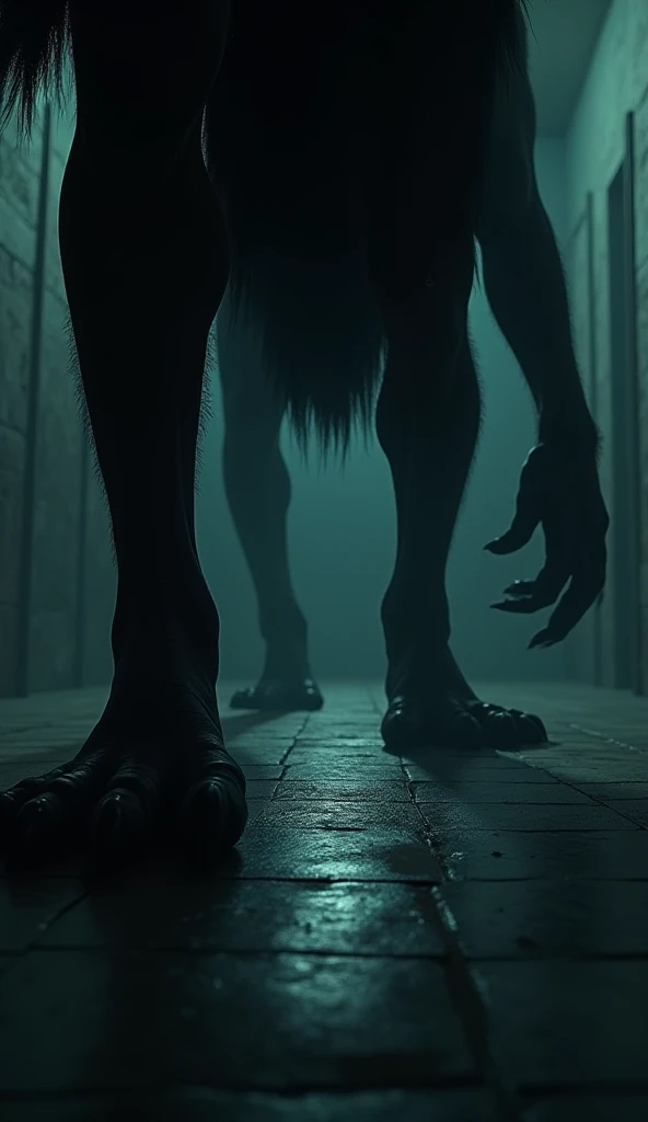 Create a reference image showing the view of a floor with clawed feet slowly approaching the camera. The room is dark, with faint glowing eyes visible in the