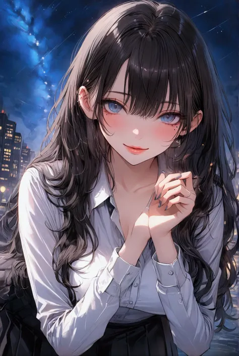 Female. Yandere. 4k. 8k. Best quality. Brown long hair, straight and silky. Blue ocean eyes. Lips curled into a mischievous grin. Wearing a white office shirt and black skirt, with a long oantyhose and high heels. Mischievous. Background is night time. Off...