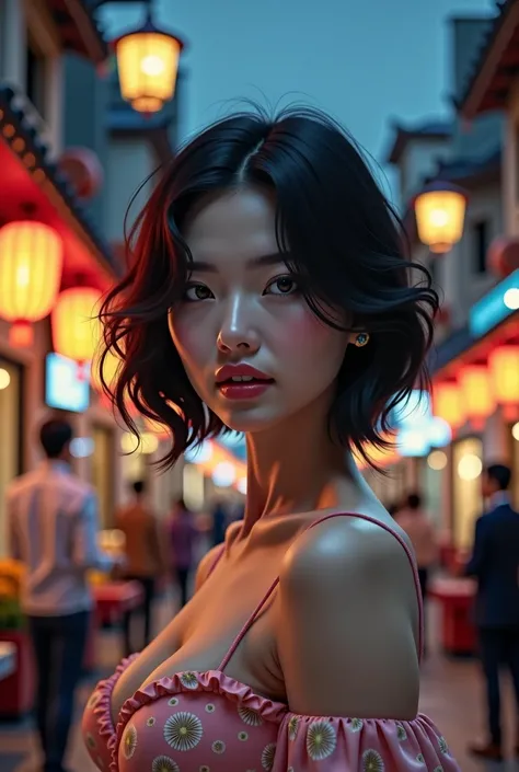 (halfbody shot,street lamps,moon),Masterpiece, 1girl, solo exhibition, beautiful woman on the bustling street, surrounded by hawkers, beautiful goddess girl portrait, beautiful and detailed face, porcelain skin, (((bust shot, center, night, black hair, sho...