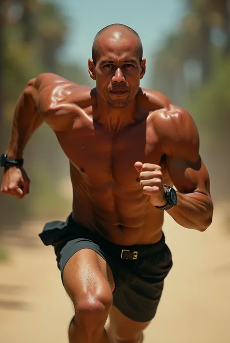 Bald, not wearing a shirt, showing off muscles, running