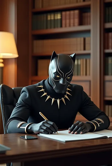 Make a photo of Marvel Black Panther studying in the room 