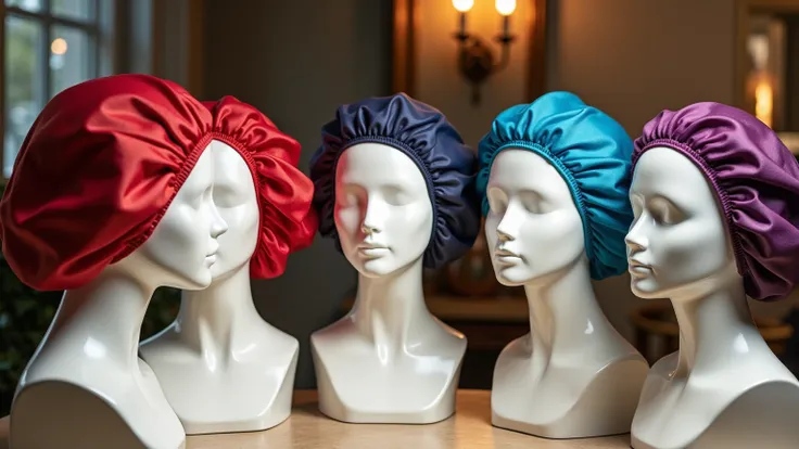 A collection of colorful hairnets displayed on mannequin heads, each representing different styles and materials (nylon, silk, polyester). The background features a performing arts dressing room or an elegant equestrian setup to highlight their aesthetic v...