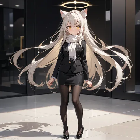 masterpiece, highest quality, highest resolution, clear_image, detailed details, white hair, long hair, 1 cute short girl, cat ears, cute golden eyes, halo, black office jacket, black silk mini pencil skirt, white scarf, black pantyhose, full body, no wate...