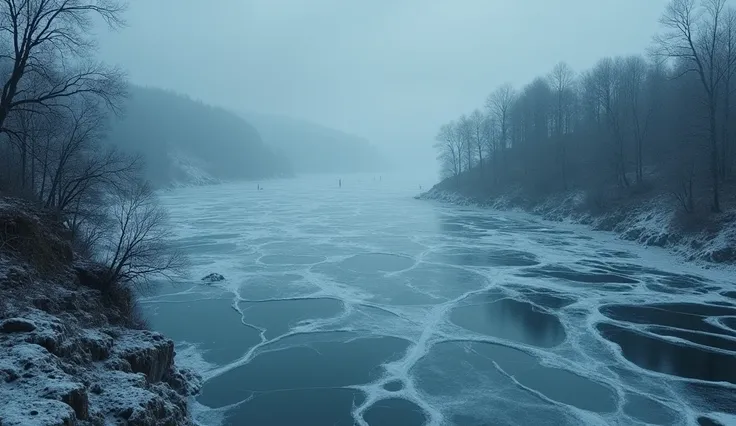 Hd wallpaper, frozen surface of the lake, top view photography in the style of cinematic poster and high clarity, in the style of game of thrones, unpleasant, horror, terrifying look, uhd, 8k resolution, balanced, high dynamic range color, strong highlight...