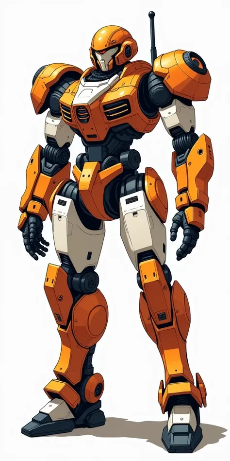 anime style illustration of a cyberpunk war robot , complex design , orange and white , and big giant armour , person can control that robot from get in inside of it. war machine , cyberpunk , in white background 