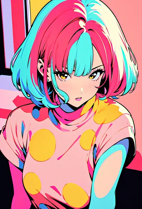 (highest quality:1.2, City Pop Style, Very detailed, Latest, Vibrant, High Contrast, masterpiece:1.2, highest quality, Best aesthetics), girl, ((Face Up Shot:1.4)), Colorful Hair, Bobcut, pastel colour, 1980s style, ((Retro, Vintage, Solid color background...