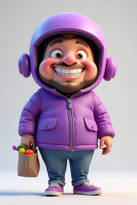 3D caricature image of a man wearing a purple jacket, purple helmet, facing the camera, smiling, carrying groceries