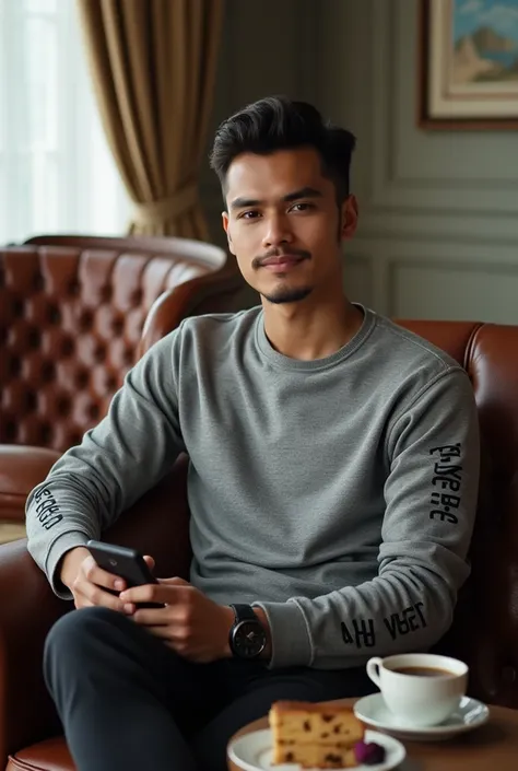 A handsome young Indonesian guy with a modern and elegant style sits on a luxurious sofa in a classic living room. He is wearing a casual gray sweater with the words "Aby very" and brand details on the sleeves. An elegant black watch adorns his wrist, givi...