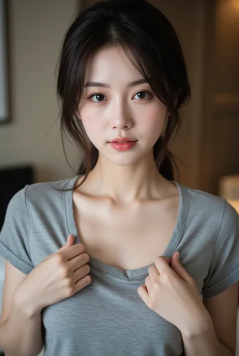 masterpiece, photo realistic, a beautiful Asian woman, wearing gray t-shirt with droopy neck,pinch the neckline of her clothes down, at hotel