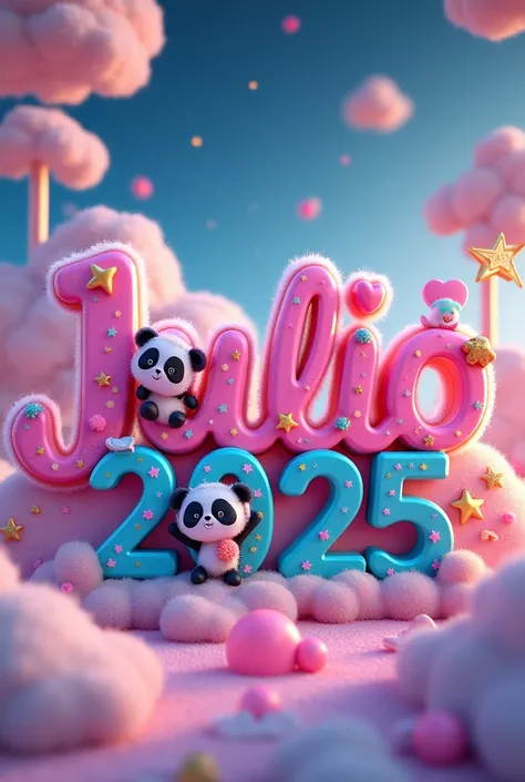 A stunning, animated 3D rendering of the name "Julio 2025"written in an adorable anime-inspired style. Each letter is playfully decorated with multi-colored elements such as PANDA, hearts, fluffy clouds and twinkling stars, AND LITLE PANDA creating a vibra...