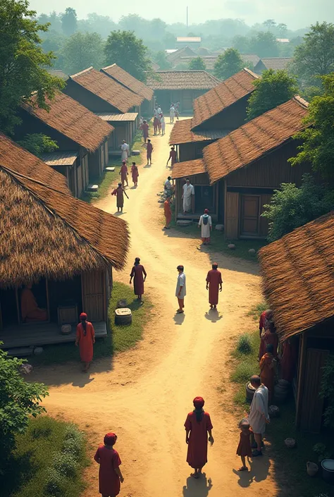 A picture of a village in the traditional Malay era and the Malay people are visible. The village has only a few houses and in the middle is a small town seen from an overhead perspective.