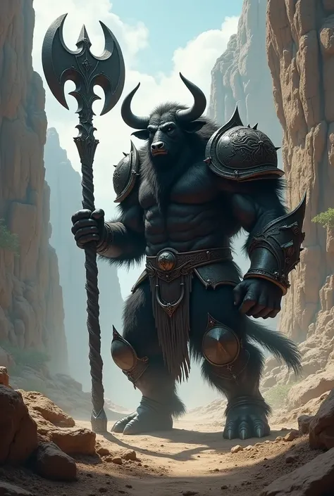 Thunderbolt(Black Minotaur:1.5) Holding a giant two handed axe (Black Minotaur Monster：1.8)，Minotaur standing with an axe, Fierce expression, shudder, Gothic, barroco, Current Spreads, Medieval landscape, Fantastical, 4K, best quality, primitive, ((Ultra-d...