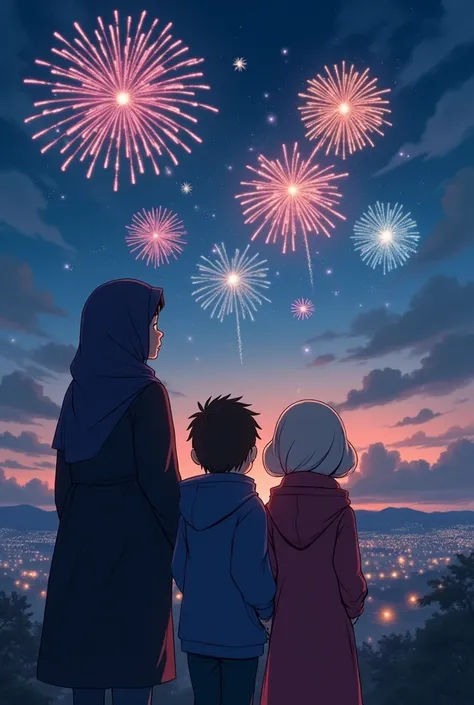 Create a very smooth and detailed Japanese anime style drawing, with an expressive drawing style. In the middle of the picture, there is a family of 4, they are watching a fireworks display late at night, they are dressed warmly, the mother is wearing a Mu...