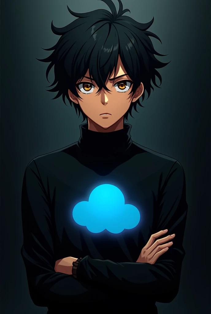  off , messy black wavy hair,, your skin is tanned brown, His clothes are black with a blue cloud in the center, ele sempre anda off bracos cruzados, your eyes are bright Brown (アニメ)