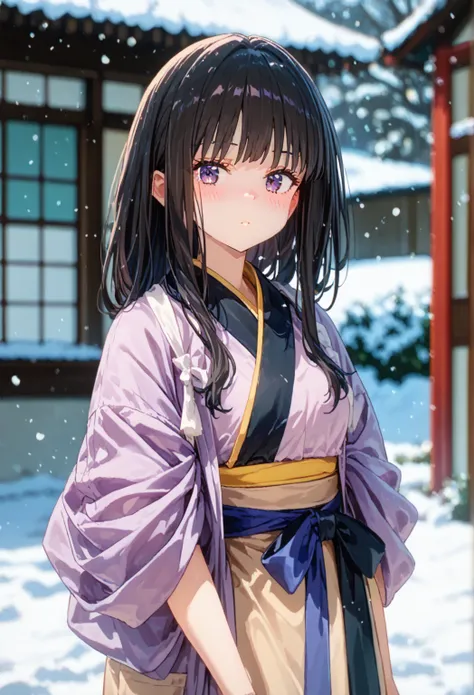 a drawing of a female in a japanese outfit standing , 1girl, solo,inoue takina, japanese clothes,colorful kimono,furisode, purple eyes, long hair, outdoors, looking at viewer, black hair, snow, blush, standing, blurry,detailed background, digital art techn...