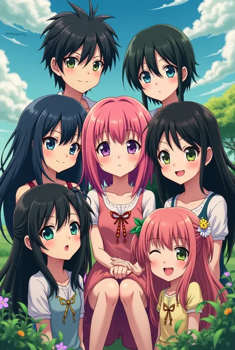  Family of 8 members with 7 of them with jet black hair and green eyes, While one of the girls has pink hair with purple eyes anime style 