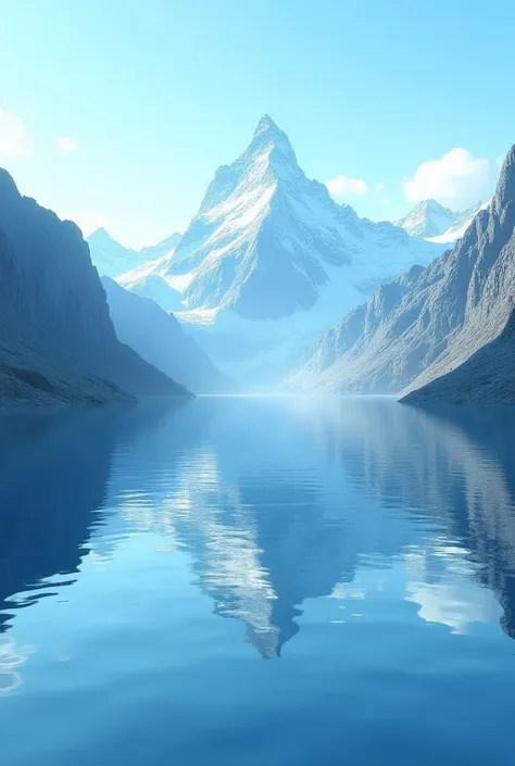 Create an ultra realistic and detailed 8k image of a mountain and lake below with a baby blue color 