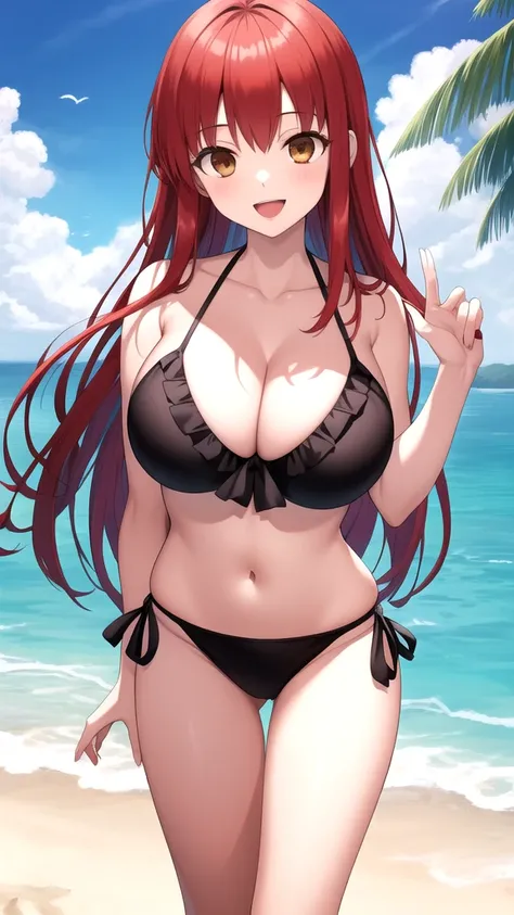 masterpiece, best quality, highres, girl, solo, looking at viewer, Shirou Emiya, Red hair, Brown Eyes, large breasts, frilled bikini, beach, standing, smile, open mouth