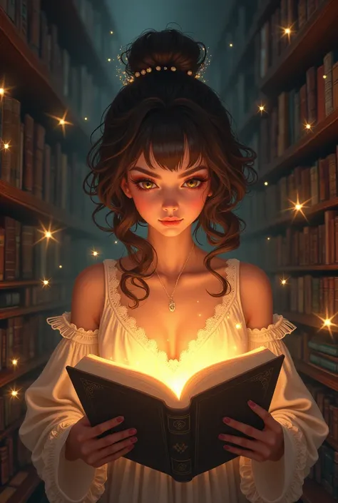 brown women reading a glowing book with books around her anime style type of image