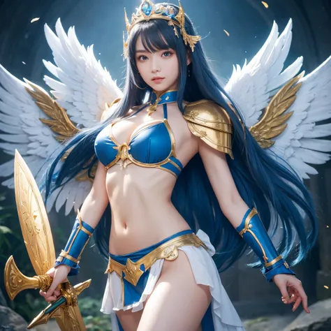 masterpiece, best quality, detailed, 8k, 4k, highres, beautiful blue long hair princess knight with angelic wings in front of navel,bikini armor,midriff,navel cut out,skirt style bikini, wearing gold armor, holding a sword and shield, prepared for battle, ...