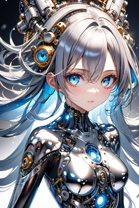 (masterpiece), (best quality), (ultra detailed), mechanical girl, symmetrical design, with dual-layered, shifting eyes and a sleek, mirrored mechanical bodysuit. Her metallic hair flows like a river, constantly reflecting light.
 extremely detailed face, e...