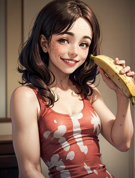 smiling woman with freckled face and gray tank top holding a banana, smiling :: attractive, smiling girl, beautiful and smiling, smiling young woman, big smile on her face, happy and smiling, smile on her face, lovely smile, small freckles, smiling sweetly...