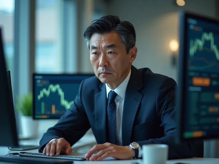 Generate a real picture of a 50-year-old Japanese man studying the market in formal attire