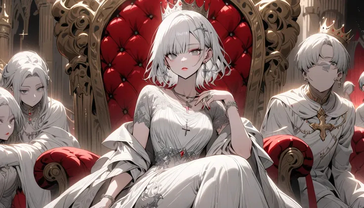 "a beautiful woman wearing silver dress and crown sitting on throne in palace, jewelry, necklace, crown, dress, sitting, earrings, White loose dress, ring, cross, grey eyes, white short undercut hair, Red Lipstick"