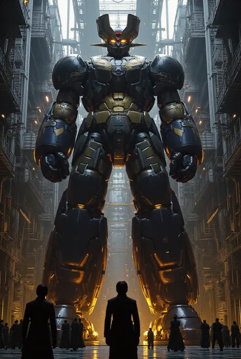 A very realistic giant version of Mazinger Z ,  standing 100 meters high in a forward position.  reactor equipment production line constructed with modern materials such as steel ,  Carbon Fiber ,  other industrial elements are also visible ,  just like th...