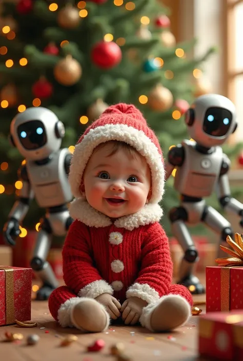 A happy baby ,  Christmas tree ,  a lot of presents ,  there are robots dancing