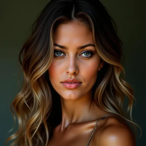 Créez une image dune femme italienne de 33 ans au teint hâlé et à la peau olive, long, cheveux noirs et blond très bouclés, et des yeux vert fascinants. Son visage devrait être beau et doux, Avec plein, des lèvres étonnantes qui attirent lattention. Elle d...