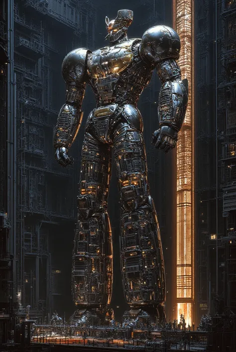 A very realistic giant version of Mazinger Z ,  standing 100 meters high in a forward position.  reactor equipment production line constructed with modern materials such as steel ,  Carbon Fiber ,  other industrial elements are also visible ,  just like th...