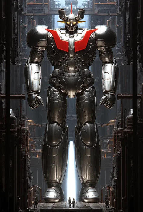 A very realistic giant version of Mazinger Z ,  standing 100 meters high in a forward position.  reactor equipment production line constructed with modern materials such as steel ,  Carbon Fiber ,  other industrial elements are also visible ,  just like th...