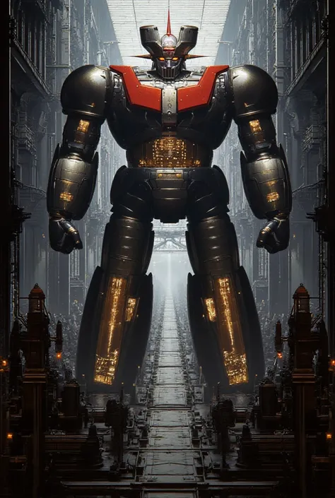 A very realistic giant version of Mazinger Z ,  standing 100 meters high in a forward position.  reactor equipment production line constructed with modern materials such as steel ,  Carbon Fiber ,  other industrial elements are also visible ,  just like th...