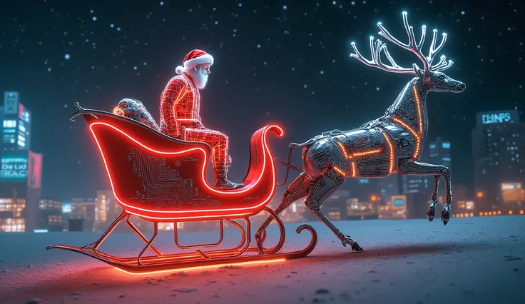 A futuristic Santa Claus, perched confidently on a reindeer-drawn sleigh, illuminated in a glowing Coca-Cola style. The geometric precision and glowing edges of the sleigh and reindeer are accentuated with luminous red and white, creating a dazzling holida...