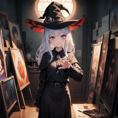 witch（Art room　Painting on canvas（poster　Hellgate）　smile）multiple monitors in the background（hologram　anime）
