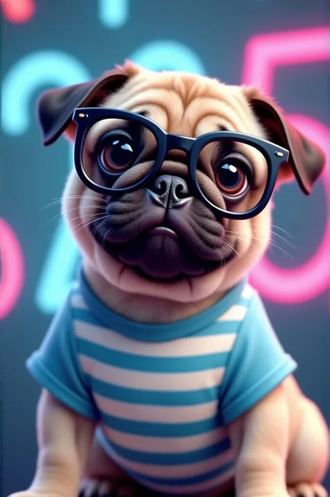  Puppy pug puppy wearing glasses with photos of 2025  ,  and a striped t-shirt in blue, white and light blue, In the background some artificial games  