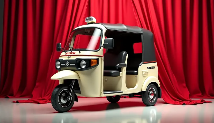 "Create an ultra-luxurious 3D showroom scene featuring the 2025 Suzuki Maruti Auto Rickshaw in a police Rakshak theme. The auto rickshaw should have a sleek, white-shining creamy color body with bold detailing. Above the vehicle, there should be a red curt...