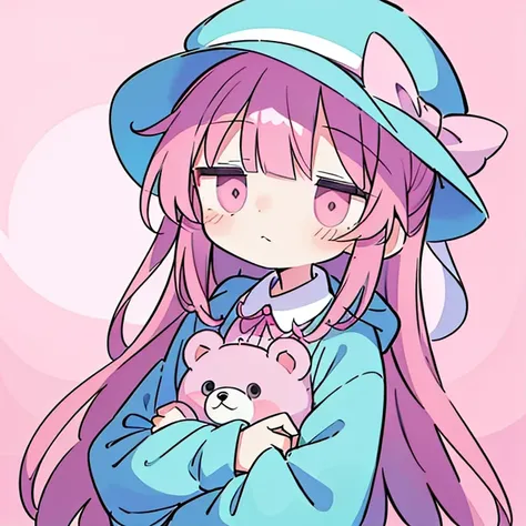 A girl with pink hair and pink eyes in a cute style outfit in a bear style outfit and hugging a teddy bear in a cute pink background with long hair.Wear a hooded hat with a shirt attached.