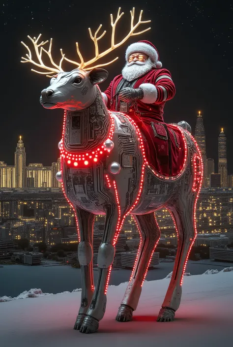 A futuristic Santa Claus, perched confidently on a reindeer-drawn sleigh, illuminated in a glowing Coca-Cola style. The geometric precision and glowing edges of the sleigh and reindeer are accentuated with luminous red and white, creating a dazzling holida...