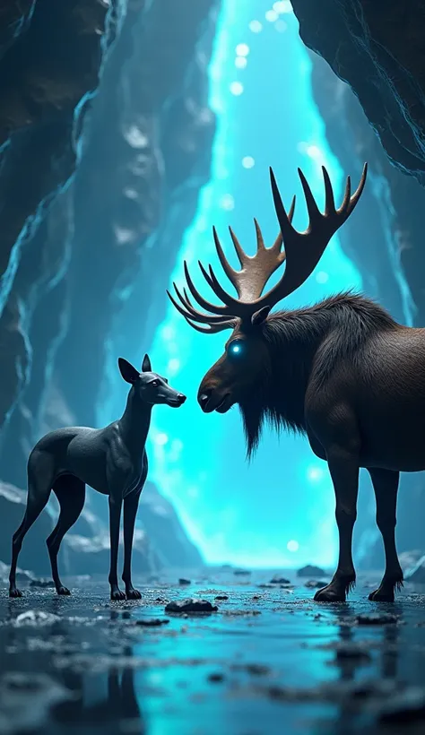 "Two animals facing each other inside a crystal cave, rendered in hyper-realistic 3D. On the left, a sleek greyhound with a lithe body and glowing turquoise eyes. On the right, a majestic moose with massive, intricate antlers. The cave walls shimmer with b...