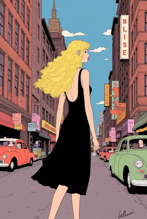 beautiful woman walking down the city streets in the 1960s, voluminous wavy blonde hair, backless black dress, photorealistic illustration, anime 