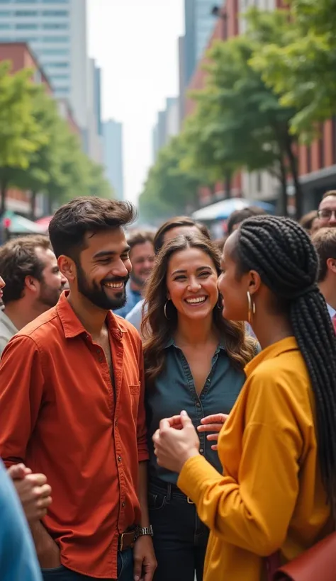 realistic, 4K, cinematic image (of people from different cultures and nationalities smiling and greeting each other)