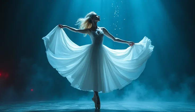  is full of deep blue light throughout,  flying very high , angle , photoshoot,  blonde hair , ballerina, Ballet dancer,, , Ballet style pose, Ballet pose, Ballet, prima ballerina, ((she is wearing a very long thin white dress,  super long skirt spreading ...