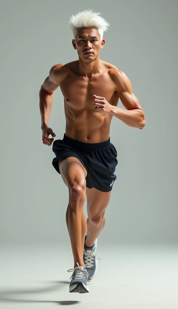 Skinny asian guy not wearing a shirt,wearing shoes,white hair, jogging 