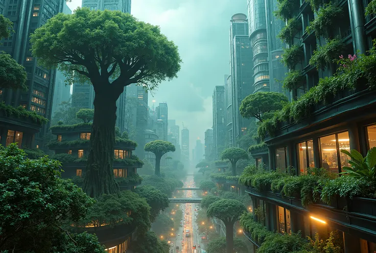 Imagine a futuristic city with sprawling skyscrapers, yet nature is deeply integrated into the architecture—giant trees growing out of buildings, rooftop gardens, and glowing bioluminescent plants. This can be created with neon lights, glass, and metallic ...