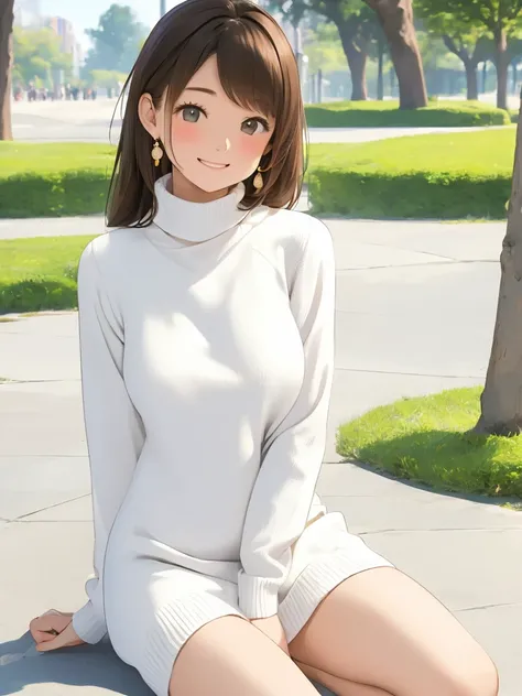 masterpiece、 high res、 1 girl、solo、woman、smile、blush、Mid-chest、 slimming、 real、20 years old、wool high neck sweater mini dress、 earrings for women with first name、A sunny day at the park  、 shot above the knee 