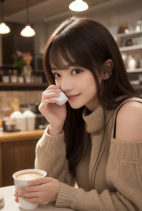  Inhaling Eyes , cute double ,  Mysterious Woman Drinking Coffee at a Cafe , Cafe latte, A floral and gentle perfume, small animals, Inward-curling long hair, Discerning Bangs , Freshly washed hair , First Date, Talented , Kind personality,  Extremely Deta...