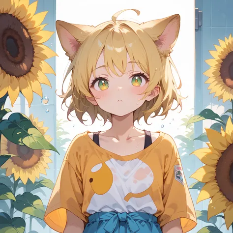 Taiwanese girl ， unique ， Yellow Hair ，Short hair，  yellow pupils  ， Wrap  ， 手里拿着一朵sunflower，Just had a shower ，The hair is dripping，blushing， has yellow dog ears on her head ， with droopy ears，  the sun is shining ，yellow dog tail ，sunflower