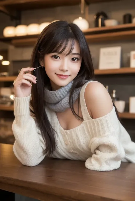  Inhaling Eyes , cute double ,  Mysterious Woman Drinking Coffee at a Cafe , Cafe latte, A floral and gentle perfume, small animals, Inward-curling long hair, Discerning Bangs , Freshly washed hair , First Date, Talented , Kind personality,  Extremely Deta...